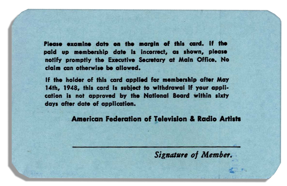 Milton Berle's 1963 AFTRA Card -- The American Federation of Television and Radio Artists